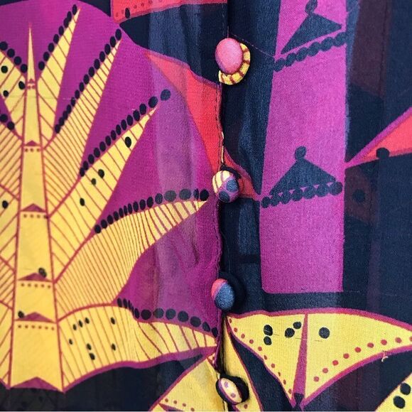 Nieves Lavi 100% Silk Black Red Yellow Tribal Tropical Semi Sheer Tunic Blouse - Picture 5 of 12